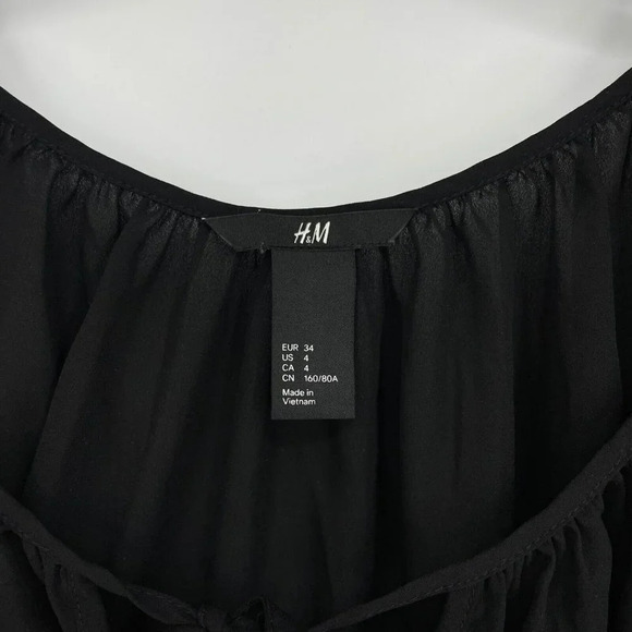 H&M Blouse Women's 4 Black Sheer Keyhole Round Neck Front Tie Split Long Sleeves - Picture 4 of 7